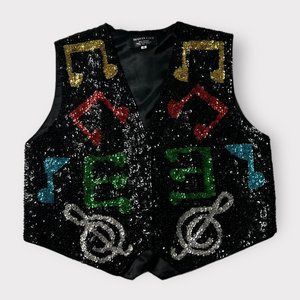 Vintage 90s Sequin City black vest music themed symbols beaded size medium